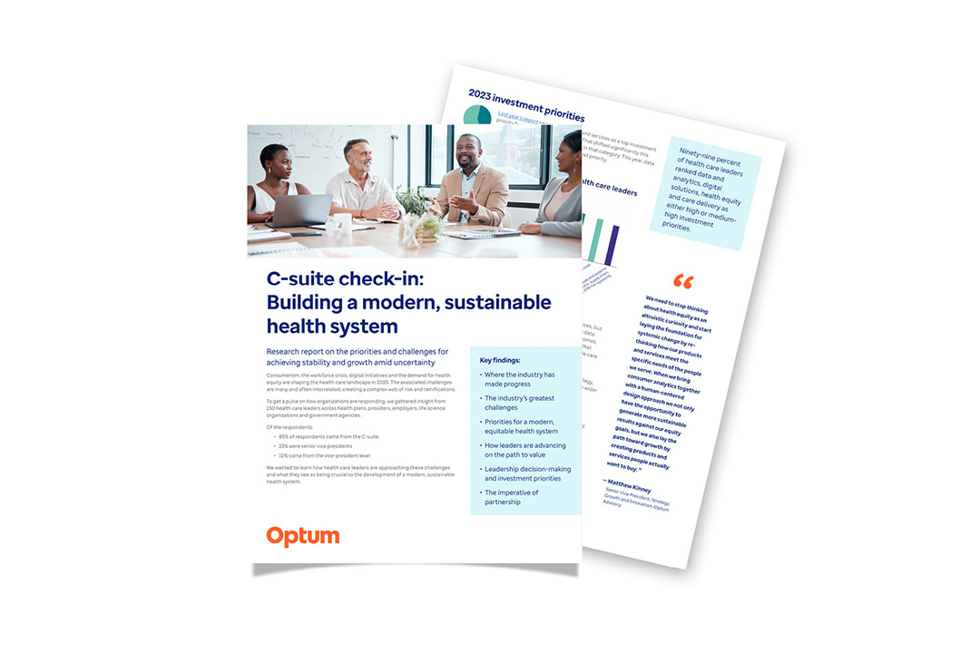 Report titled 'C-suite check-in: Building a modern, sustainable health system'